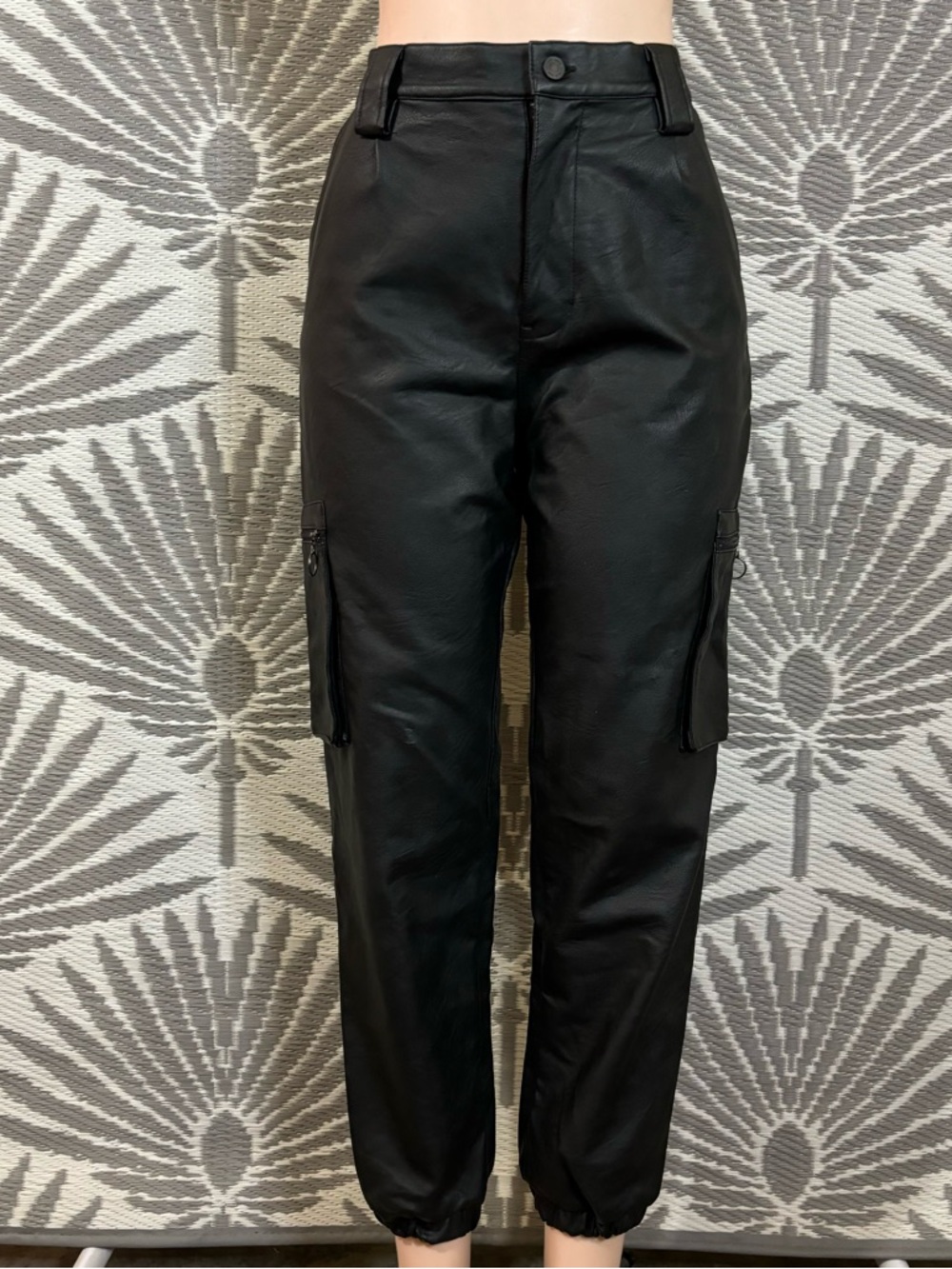 KanCan Faux Leather Cargo Joggers Black Size 9/28 High Rise Streetwear Biker
